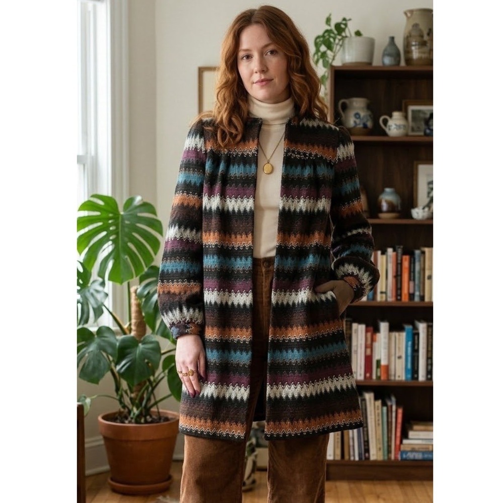 Kenar Women Zig Zag Chevron Knit Coat Hidden Button Retro Boho Multi Size 4